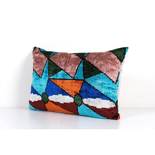 Multicolor Ikat Velvet Pillow Cover – Geometric Design Uzbek Cushion 16'' X 24'' -Luxurious cushion cover of handloomed...