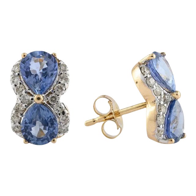 14k Solid Yellow Gold Art Deco Diamond and Blue Sapphire Pushback Stud Earrings- 2 Pieces For Sale