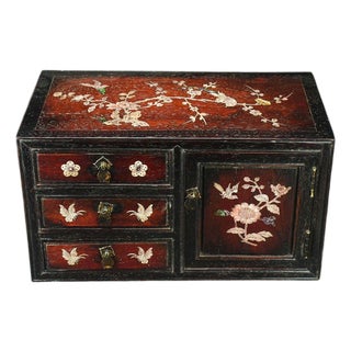 Vintage Chinese Zitan Rosewood Mother-of-Pearl Inlaid "Magpie & Plum" Jewelry Cabinet For Sale