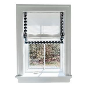 Custom Made Coastal Roman Shade With Samuel & Sons Maui Trim, Inside Mount