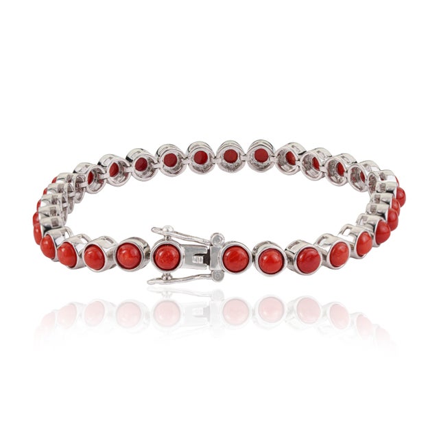 Contemporary Carat&Her Natural 10.57 Ct Red Coral Cabochon Tennis Bracelet in 925 Sterling Silver For Sale - Image 3 of 13