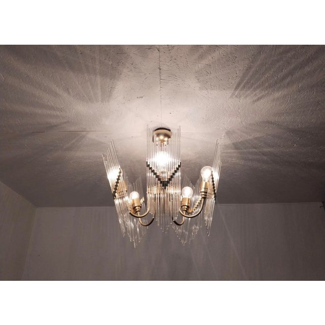 Glass Rare 1970s Brass & Glass Rod Chandelier | 5-Light Vintage Fixture | Restored Mid Century Lighting For Sale - Image 7 of 14
