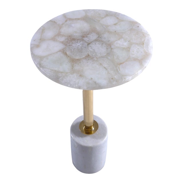 Modern Crystal Agate Semiprecious Stone Side Table With Metal and White Marble Base For Sale
