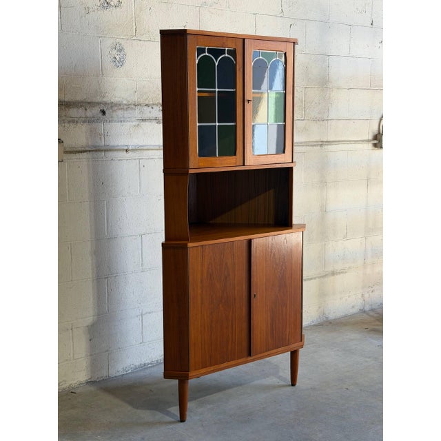 Vintage Danish Modern Teak Corner Cabinet Display Hutch Mid Century Stained Glass Denmark For Sale - Image 4 of 9