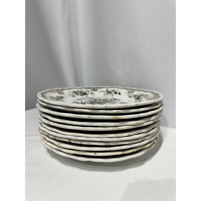 Ceramic Set of Antique Podmore Walker and Co English Brown Transferware Dinner Plates For Sale - Image 7 of 10