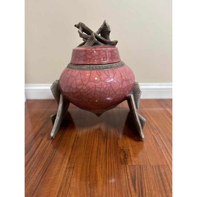 Postmodern Vintage MDC Signed Pink Raku Ceramic Tripod Lidded Vessel For Sale - Image 3 of 7