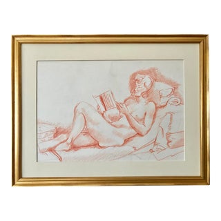 Vintage Conte Crayon Drawing Nude Woman Reading For Sale