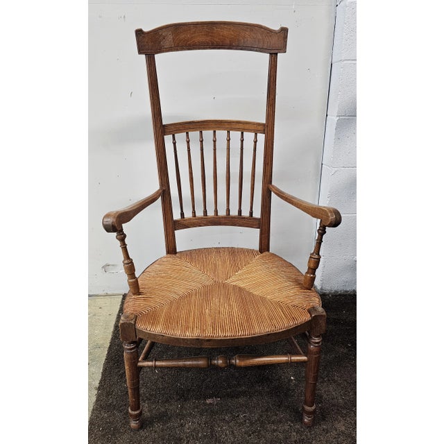 Pair 19th Century French Provincial Beechwood and Fruitwood & Rush Seat High-Back Armchairs For Sale - Image 10 of 12