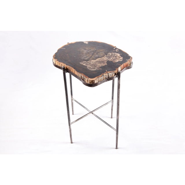Contemporary Living Edge Petrified Wood Top W Iron Stand Accent Table or Side Table 51 For Sale - Image 3 of 5