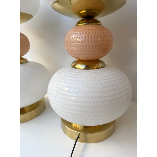 Mid-Century Modern Contemporary Brass and Murano Glass Textured Bulb Lamps - Pair For Sale - Image 3 of 12
