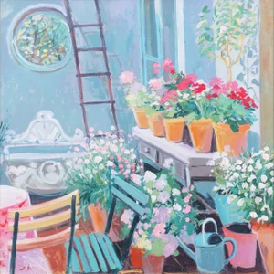 'In the Greenhouse' by Robert DeVee, Large Floral Oil, California College of Arts and Crafts
