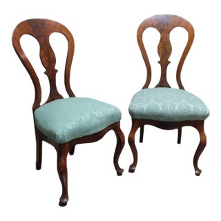 Two Regal Antique Victorian Era Walnut Side Chairs With Blue Floral Upholstery For Sale
