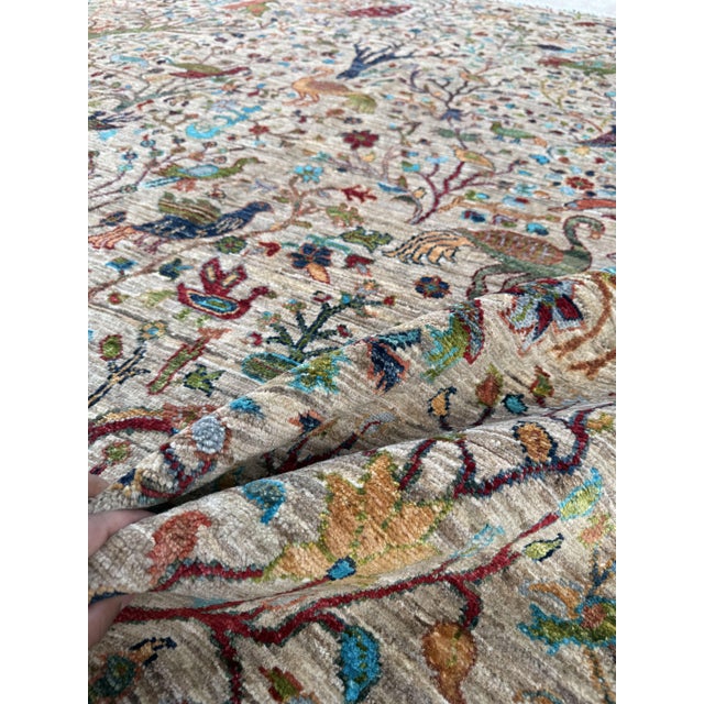 Beige Bird of Paradise Area Rug, Hand-Knotted Wool, Pictorial, 8x10, Beige & Teal For Sale - Image 8 of 11
