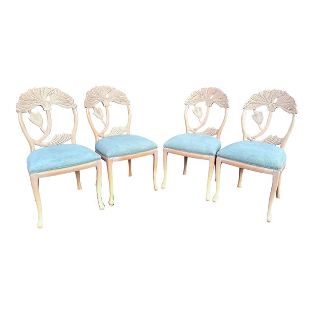 Vintage Hand Carved Italian Dining Chairs With New Upholstery in the Style of Phyllis Morris - Set of 4 For Sale