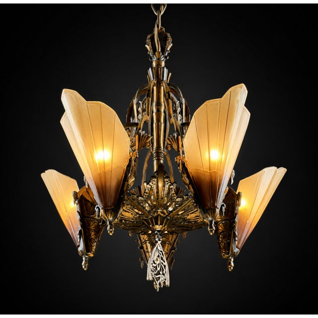 1930s Mid-West Mfg. Soleure Series Art Deco 5-Light Slip Shade Chandelier in Cast Bronze For Sale - Image 12 of 14