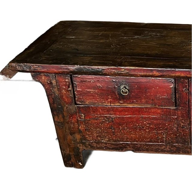 Red Chinese Antique Low Kang Cabinet in Traces of Original Patina of Red Lacquer For Sale - Image 8 of 10