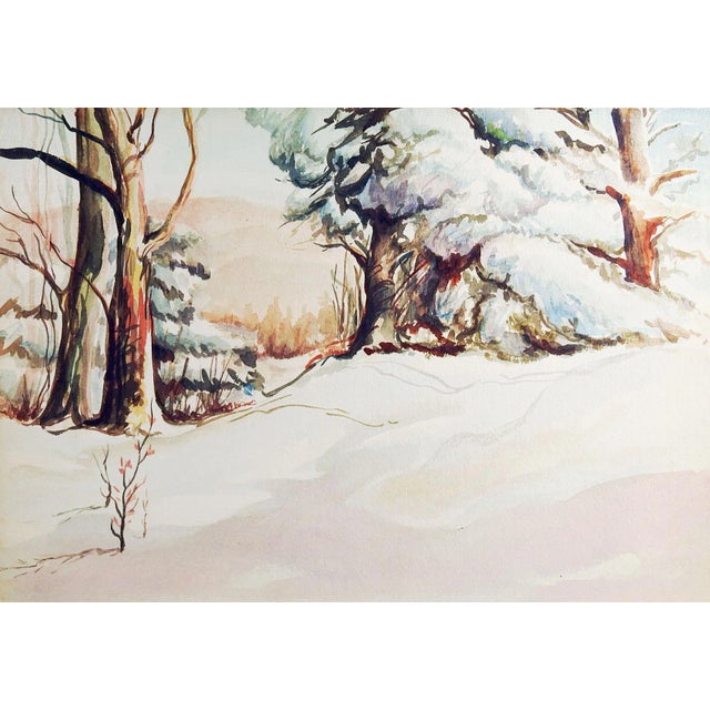 Mid 20th Century Winter Forest Watercolor Painting For Sale