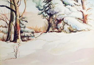 Mid 20th Century Winter Forest Watercolor Painting