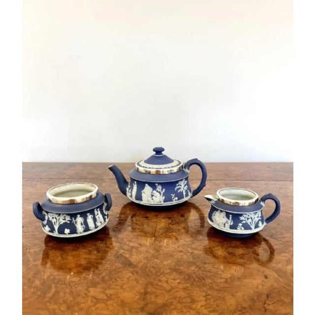 Victorian Silver Mounted Tea Set from Jasperware Wedgwood, 1880s, Set of 3, in Very Good conditions. Designed before 1890
