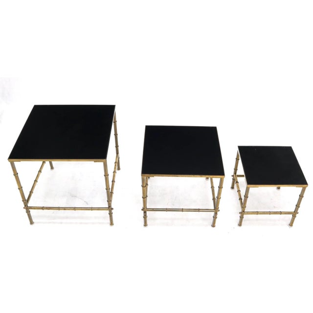 Solid Brass Faux Bamboo Set of 3 Nesting Tables with Black Vitrolite Glass For Sale - Image 9 of 13