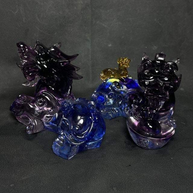 1990s Pair of Vintage Chinese Purple Glass / Liuli Kirin Sculptures - Feng Shui Wealth Guardians For Sale - Image 5 of 9