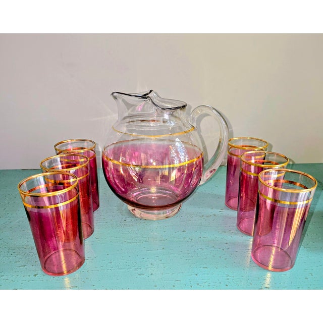 Mid-Century Modern Vintage 1940's MacBeth - Evans Cranberry Lustre Pitcher W/ Gold Stripes , 6 GlassesMacbeth-Evans Cranberry Stain Glass Pitcher Gold Stripes - Set of 7 For Sale - Image 3 of 6