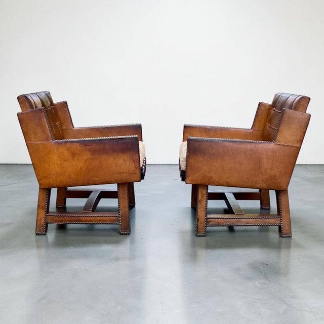 Vintage French Leather Button-Back Armchairs, 1930s, Set of 2 For Sale - Image 4 of 11