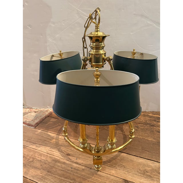 Traditional 1980s Bouillotte Style Brass 3 Arm Chandelier With Green Tole Shades by Lightolier For Sale - Image 3 of 16