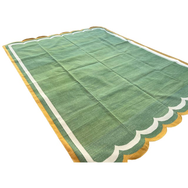 Handmade Cotton Area Scalloped Dhurrie, Moss Green, Cream and Mustard Border Rug-12'x15' For Sale - Image 6 of 13