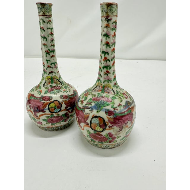 Paint Pair, 19th Century Chinese Clobbered Rose Medallion Bottle Vases For Sale - Image 7 of 8