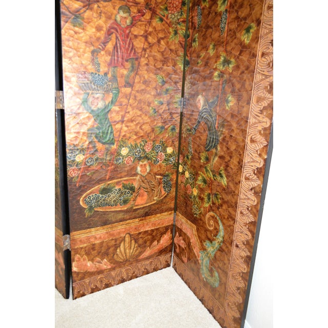 Paint Asian Tri-Fold Hand Painted Lacquer Room Divider For Sale - Image 7 of 12