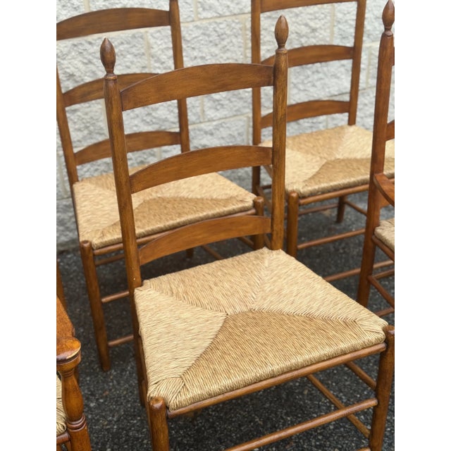 Rustic Mid 20th Century Set of 6 Rustic Style Beech Ladder Back Dining Chairs With Rush Seats For Sale - Image 3 of 11