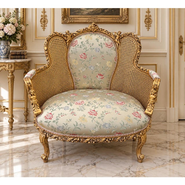 1960 French Artisan Louis XVI Gold Beech Damask Settee For Sale - Image 10 of 13