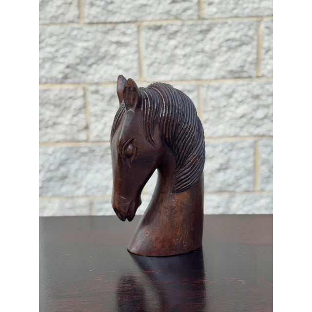 Brown Vintage Equestrian Horse Head Sculptures in Dark Carved Wood - A Pair For Sale - Image 8 of 12