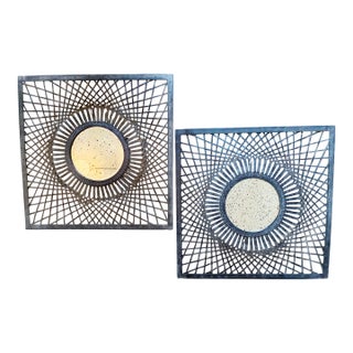 Pair of Square Metal Frames With Round Mirror Inserts For Sale