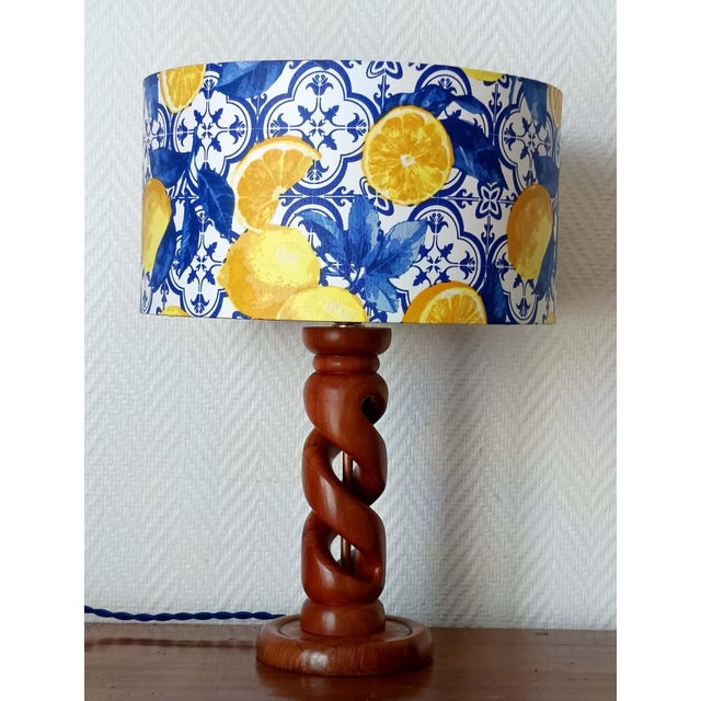 Wood Turned Wood Lamp with Azulejo Lemon-Patterned Lampshade, 1960s For Sale - Image 7 of 9