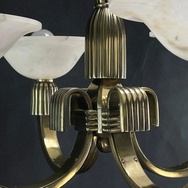 Art Deco Bronze Chandelier in Alabaster attributed to Atelier Petitot, 1930s For Sale - Image 10 of 11