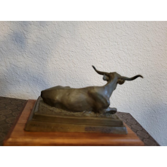 Signed Bronze “Range Baron” Longhorn Sculpture on Wood Base For Sale In Dallas - Image 6 of 12