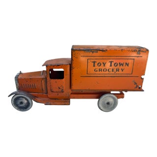 Antique Metalcraft Toy Town Grocery Advertising Truck Pressed Steel 11.5” For Sale