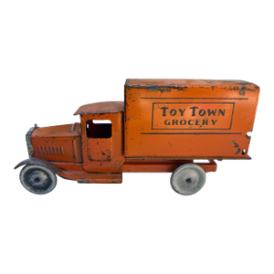 Antique Metalcraft Toy Town Grocery Advertising Truck Pressed Steel 11.5”