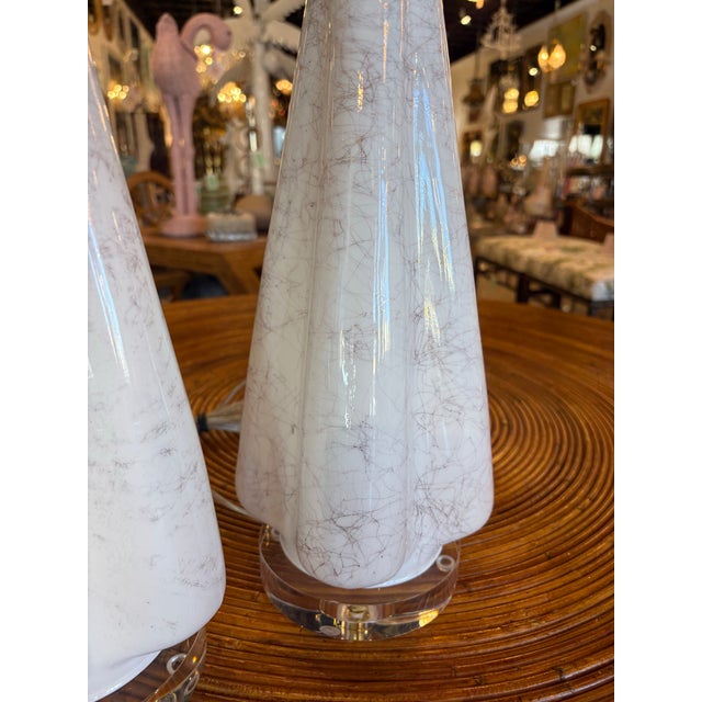 Murano Vintage Murano Style Glass Fluted Scalloped Table Lamps Metallic Veins Newly Wired - a Pair For Sale - Image 4 of 12