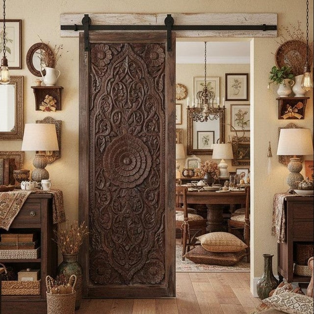 Mid-Century Modern Antique Lotus Carved Solid Wood Door | Hand-Carved Indian Double Entry Statement Door 96x36 For Sale - Image 3 of 3