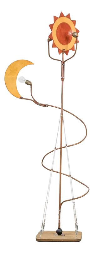 Wood and Brass Floor Lamp with Sun and Moon-Shaped Diffusers in the Style of Cordon Tones, 1980s