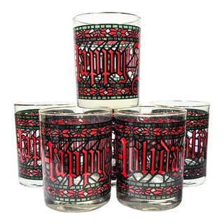 Vintage Houze Happy Holidays Double Old Fashioned Glasses- Set of Six For Sale
