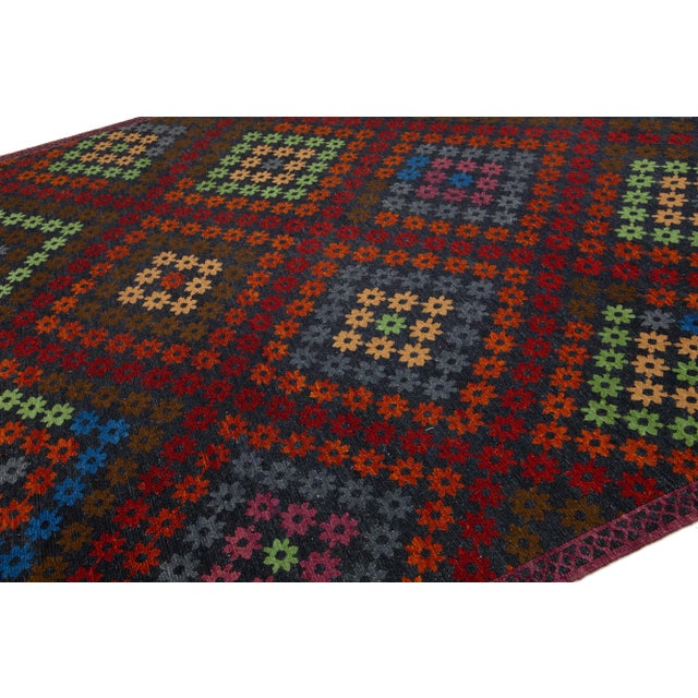 Modern Soumak Wool Rug Handmade Multicolor With Geometric Designed For Sale In New York - Image 6 of 10