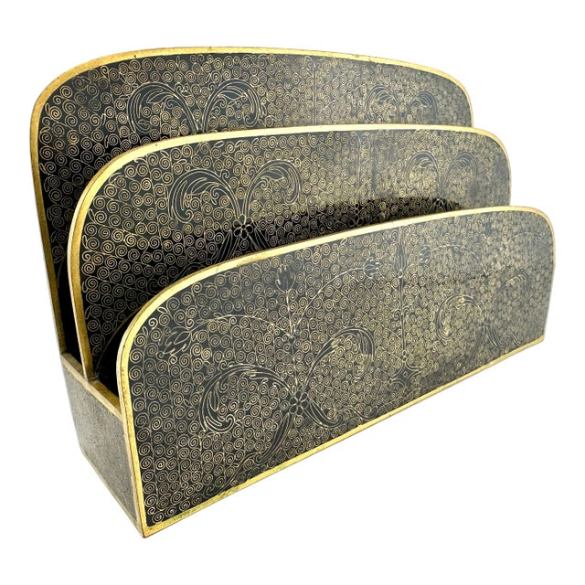 Vintage Mid Century Italian Brass Embossed Desk Letter Holder For Sale