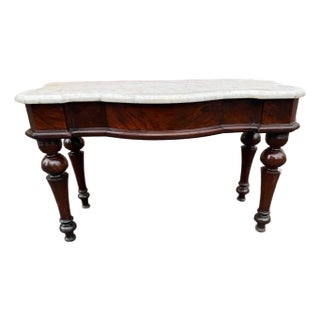 Antique Victorian Marble Top Flame Mahogany Low Console Table For Sale