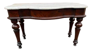 Antique Victorian Marble Top Flame Mahogany Low Console Table