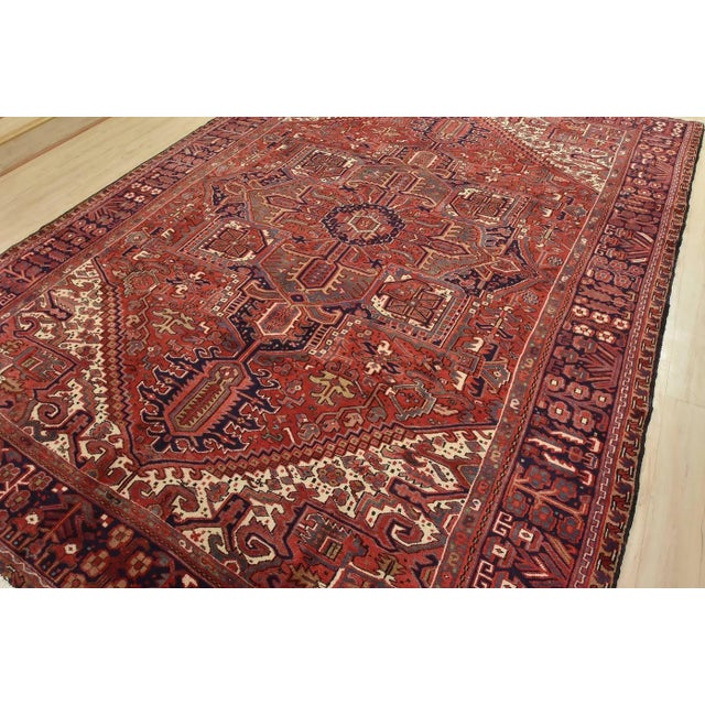 Tribal Heriz Rug 9'8'' X 13'1'' Red Wool Vintage Tribal Hand-Knotted Oriental Carpet For Sale - Image 3 of 15