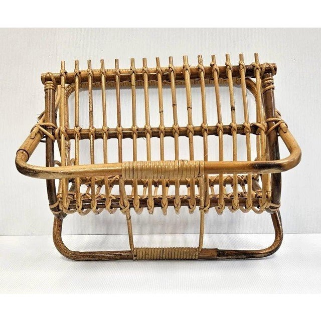 Wood Vintage MCM Rattan Wicker 19" Magazine Rack Stand Franco Albini Style Boho Decor For Sale - Image 7 of 14